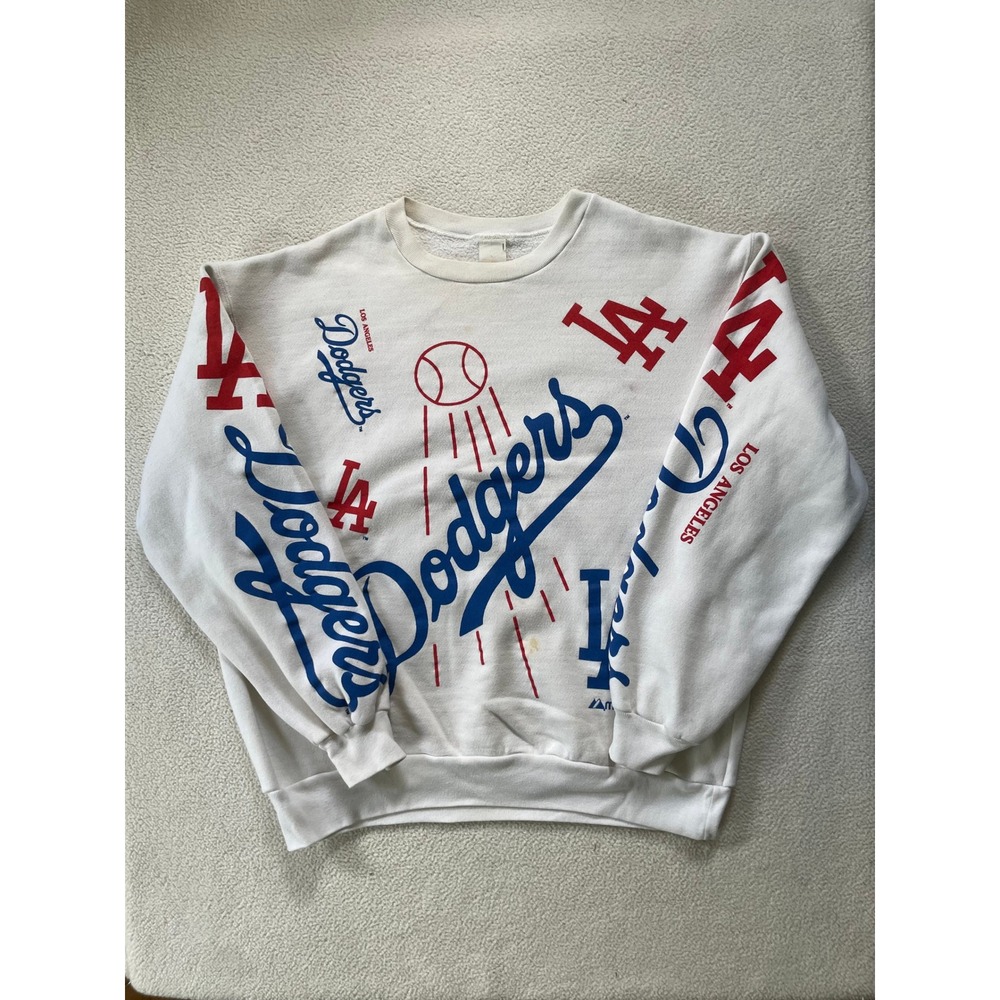 Y2k Vintage Majestic Mens Large Sweatshirt White LA Dodgers All Over Print MLB